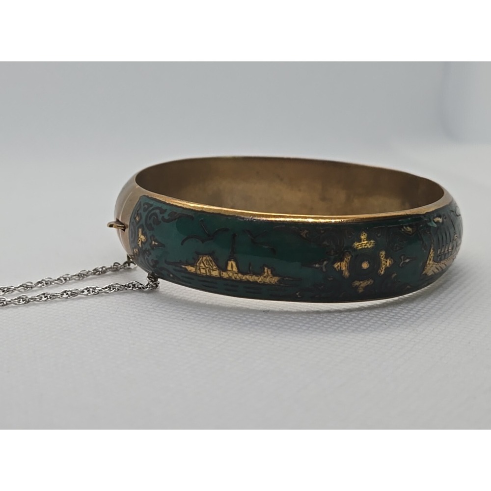 Vtg Siam Sterling Green Enamel Boat‎ Scene Bangle Bracelet Golden Tone Marked